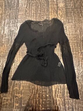 Elie Tahari Black Long-Sleeve Lace Trim tie waist silk Blouse